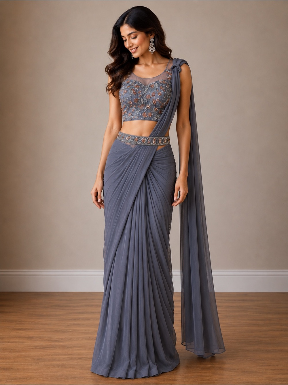 Slate Gray Purple Pre-pleated Sari with Belt